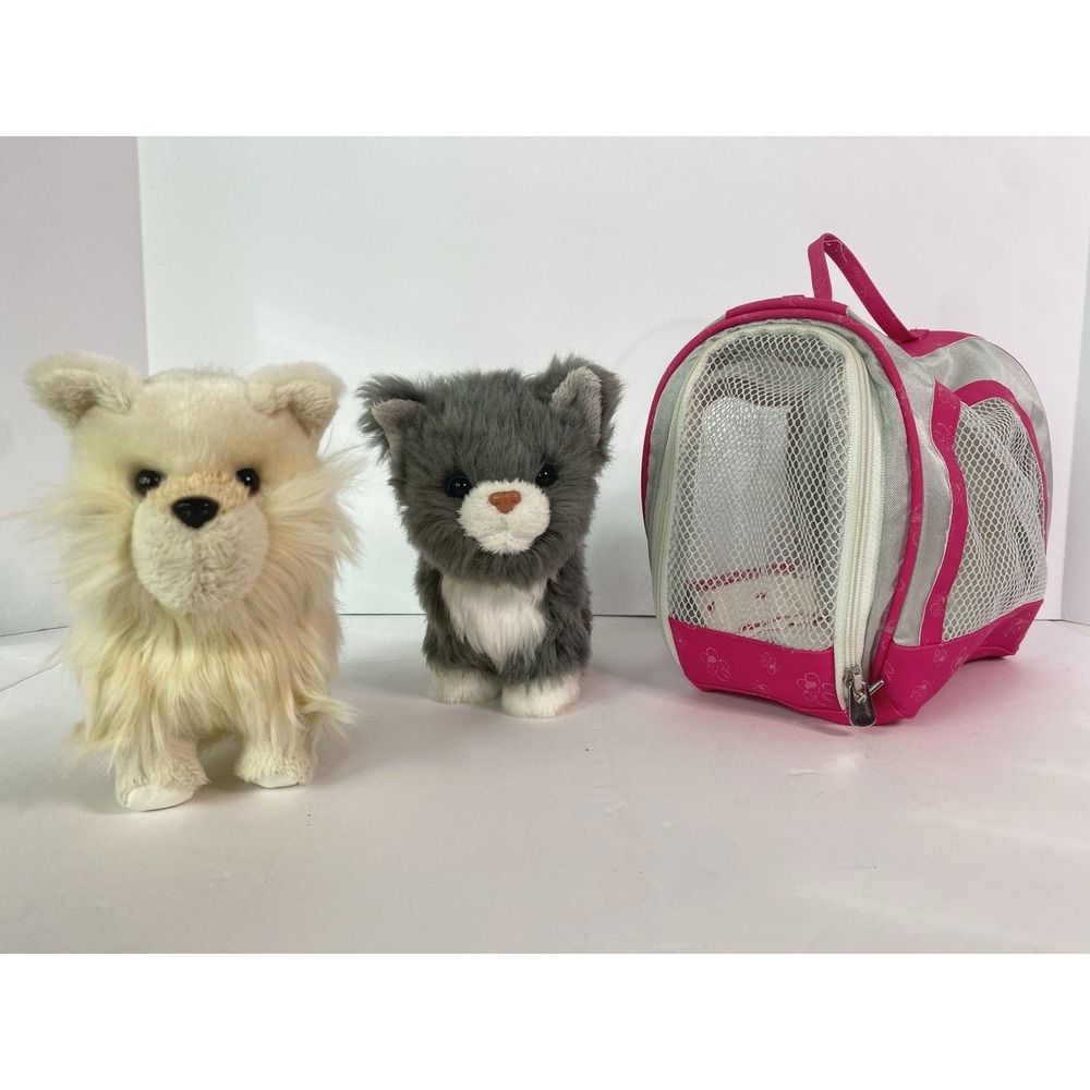 American Girl Doll Posable Pomeranian Tan Dog Puppy & Gray Cat Kitty w/ Carrier